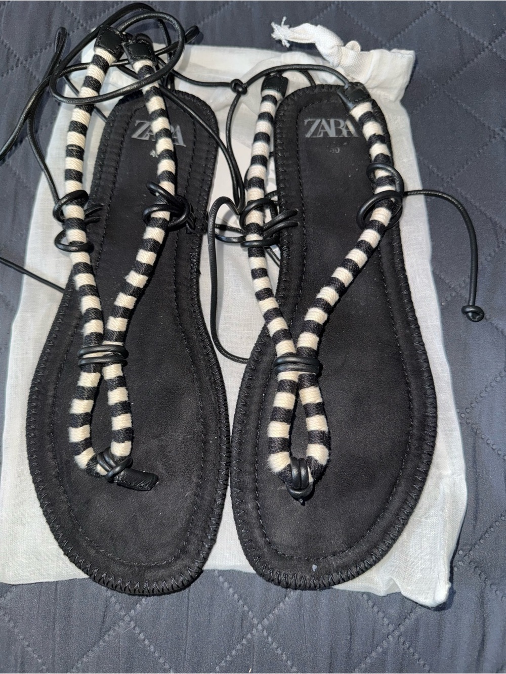 ZARA Black and Ivory Striped Tie-Through Flat Sandals